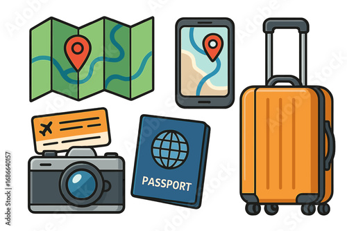Travel Planning Essentials for a Seamless Journey in Modern World, Vector Cartoon Illustrations with Map, Passport, Camera, Plane Ticket, Suitcase, GPS Navigation, Tourism Icons