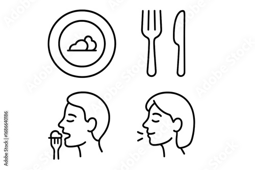 Mindful eating line icon set for health and wellness. Slow eating, food savoring, and portion control for a healthy diet. Intuitive eating habits vector graphic symbols.