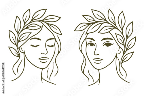 Woman face line art with olive or laurel branch. Set of two female portraits. Natural beauty, skincare, cosmetics logo. Minimalist vector. Peace, wellness, nature, goddess.