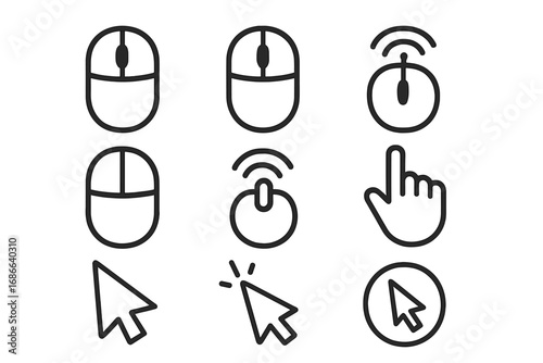 Computer mouse & pointer cursor line icon set. PC click hand, arrow select symbol collection. Wireless connection, website navigation, UI UX graphic element for web design.