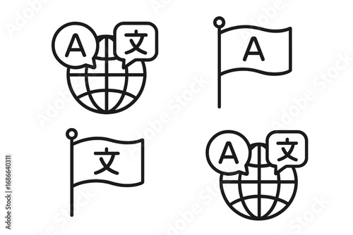 Language translation vector icon set. Multilingual communication concept. Globe with speech bubbles and international flags. Outline icons for translator, dictionary app.