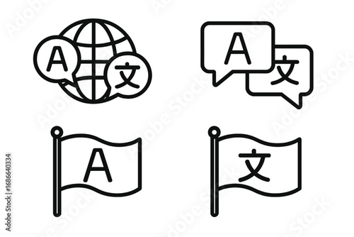 Language translation vector line icon set. Multilingual support symbols. Global communication, localization and international business concepts with globe, speech bubbles, flags.