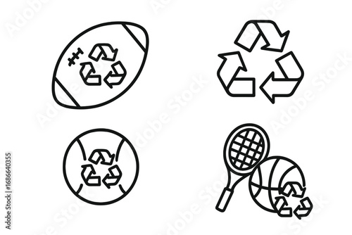 Recycling sports equipment icon set. Vector line art symbols of sustainable gear for reuse. Eco-friendly concept for environment and waste reduction. Football, basketball, tennis.