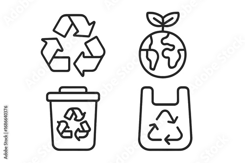 Recycling symbol icon set for eco-friendly waste management. Vector line art of earth, globe, plastic bag, and trash can. Zero waste and environmental sustainability concept.