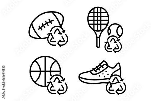 Recycling sports equipment line icon set. Symbols for sustainability, gear reuse, and eco-friendly athletic waste. Vector concept for football, basketball, tennis, shoes.