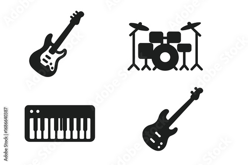 Rock band musical instrument icon set. Solid filled glyph collection with electric guitar, bass, drum kit, and keyboard synthesizer. Vector silhouette for live music shows.