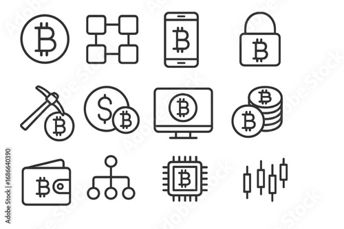 Cryptocurrency and blockchain technology outline icon set. Bitcoin linear symbols collection for digital finance, mining, trading, security wallet, and crypto exchange concepts.