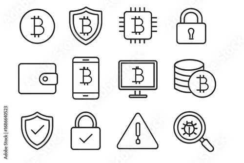 Cryptocurrency security icon set. Bitcoin digital money protection. Finance technology outline icons. Blockchain, wallet, secure payment, mining, bug scan vector illustration.