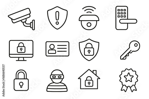 Security & access control line icon set. Thin line vector symbols for protection, monitoring, surveillance. CCTV, lock, key, password, alarm, home safety & cybersecurity concept.