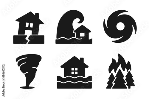 Natural disaster icons solid filled vector set including earthquake tsunami hurricane tornado flood wildfire symbols isolated on white background, emergency preparedness illustration