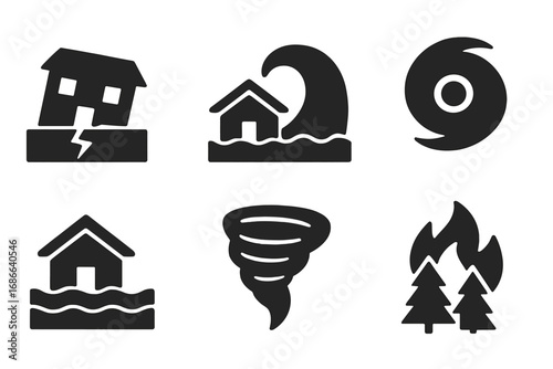 Natural Disaster Icons Solid Filled Vector Set Earthquake Tsunami Hurricane Tornado Flood Wildfire Cartoon Illustration Risk Safety Emergency Preparedness Symbols