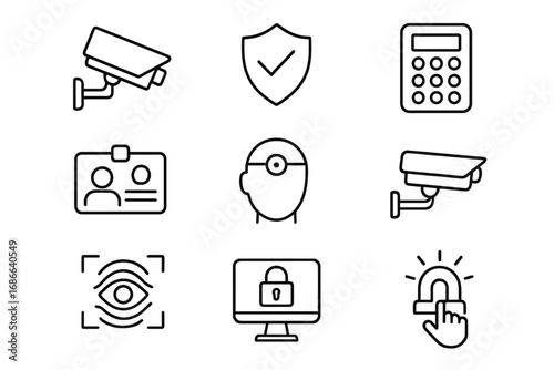 Security access control line icon set. Surveillance camera, monitoring, protection shield. Biometric scan, ID card, cybersecurity. Vector outline symbols. Safety system pictogram.