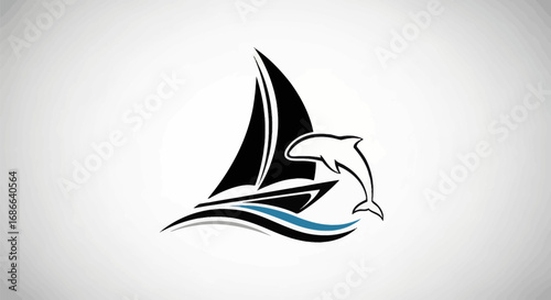 Stylized sailboat and leaping dolphin marine emblem logo.