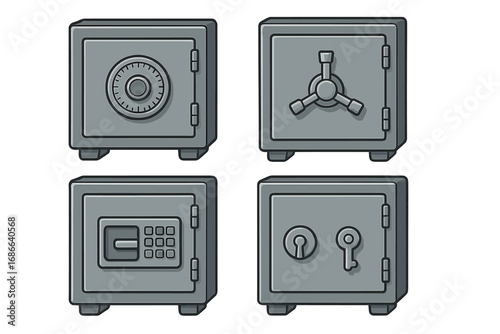 Various designs of secure safes and vaults with different locking mechanisms illustrated in a clean grid layout, vector cartoon style with transparent background, 4 ordered boxes