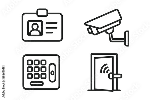 Security and access control line icon set. Vector collection of symbols for identification, surveillance, and door entry. Includes ID badge, CCTV camera, keypad, and smart lock.