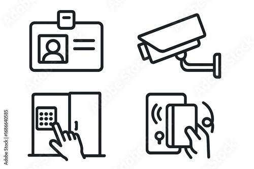 Security access control line icon set. Vector icons for identification, surveillance, and door entry. ID card, CCTV camera, keypad lock, and RFID keycard for safety systems.