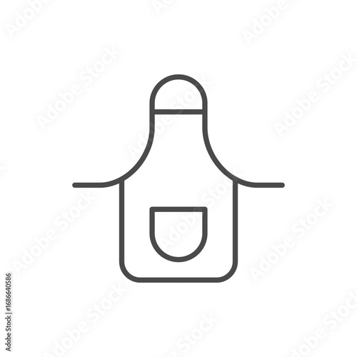 A grayscale line drawing of an apron with a pocket and straps extending sideways. Editable stroke. Icon vector illustration