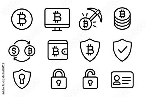 Cryptocurrency and security outline icon set. Bitcoin, mining, digital wallet, exchange, and protection symbols for web and apps. Vector line art pictogram collection.