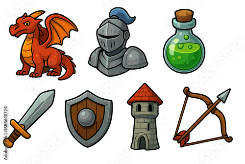 Fantasy game icons set. RPG UI elements with dragon, knight armor, magic potion, sword, shield, castle tower, and bow. Medieval adventure quest assets. Cartoon vector.