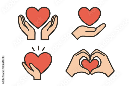 Various Heart and Hand Illustrations Representing Love, Care, Support, Compassion, and Connection in Minimalist Vector Cartoon Design for Creative Projects and Social Concepts