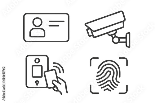 Security access control line icon set. Identification badge, cctv surveillance camera, key card door entry, fingerprint scanner. Biometric authentication. Vector illustration.