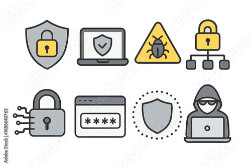 Minimalist Cybersecurity Icons Set, Digital Protection and Safety Symbols, Vector Cartoon Illustration, Virus Alert, Secure Network, Password Security, Hacker Defense
