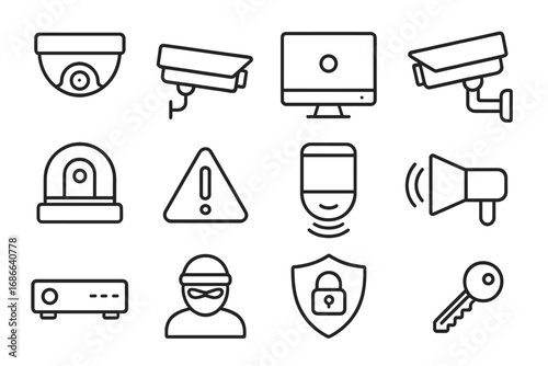 Security and surveillance line icon set. Video CCTV camera, burglar alarm, motion sensor, and protection symbols. Vector outline pictogram collection for safety systems.