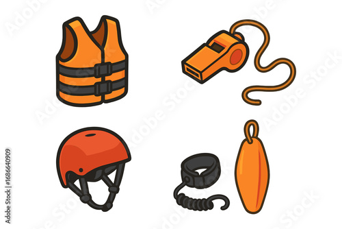 Paddleboard Safety Equipment Icons, Life Jacket, Whistle, Helmet, Leash, Rescue Buoy, Isometric Flat Vector Cartoon Set for Water Sports and Paddleboarding Safety