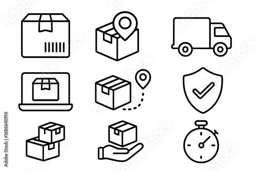 Shipping and delivery outline icon set. Logistics and package tracking line icons. E-commerce, cargo, freight transport, fast service, and secure online order vector collection.