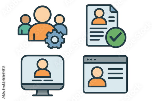 User management icons, digital platform document verification, online profiles, account settings, vector cartoon illustration, transparent background