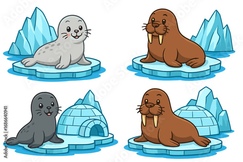 Set of cute cartoon arctic animals. Seal and walrus characters on ice floes with icebergs and an igloo. Vector illustration collection for children. North pole wildlife.