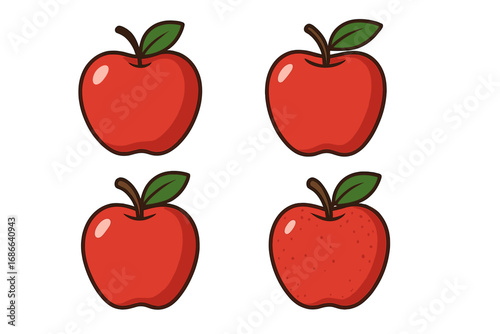 Various cartoon apple illustrations showcasing different simple styles and details on a clean background, colorful vector fruit designs, minimalistic healthy food icons