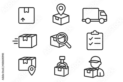 Shipping and delivery outline icon set. Package tracking and logistic line icons collection. Vector symbols for e-commerce, freight, cargo, and courier service business.