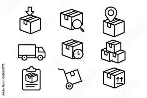 Shipping and delivery outline icon set. Logistics and package tracking line icons. Vector collection for transport, cargo, and freight service. Warehouse, courier, and distribution symbols.
