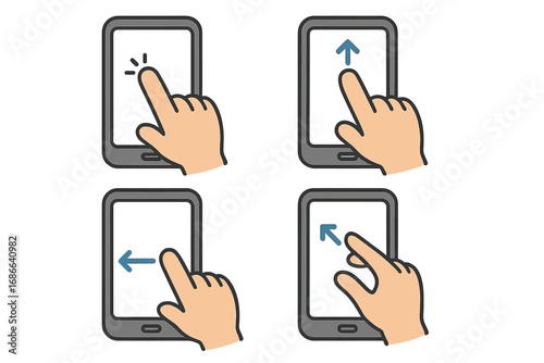 Hand gestures for mobile device navigation. Touch screen actions vector icon set. Tap, swipe up, swipe left, pinch to zoom. Smartphone user interface guide. Cartoon concept.