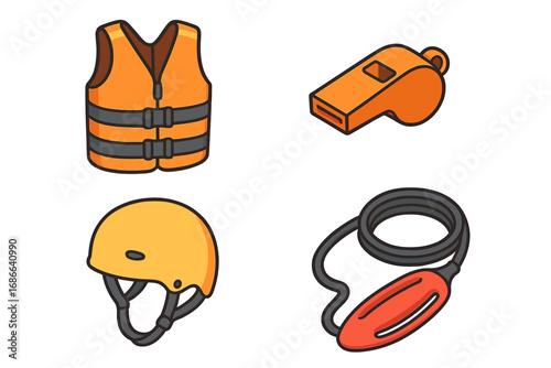 Paddleboard Safety Icons Isometric Vector Set Including Life Jacket, Whistle, Helmet, Leash, and Rescue Equipment Cartoon Illustration for Water Sport Safety