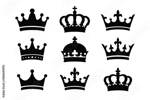 Royal crown silhouette icon set, regal king and queen symbols collection, elegant vector cartoon illustrations with transparent background, monarchy, nobility, heraldry design elements