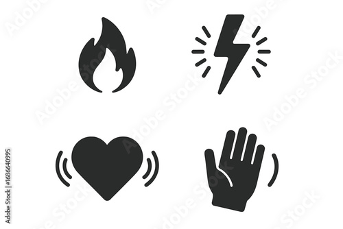 Pain Icon Set, Solid Filled Symbols Representing Burning Flame, Electric Bolt, Throbbing Heart, Numbness, Pain Sensations and Symptoms, Vector Cartoon Illustration