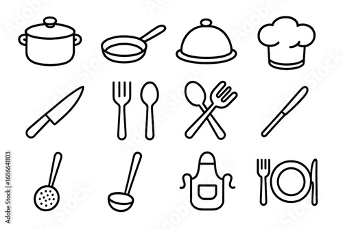 Cooking and kitchen utensil line icon set. Culinary tools collection. Vector outline symbols for restaurant menu or food blog. Pot, pan, chef hat, cutlery, plate, apron.