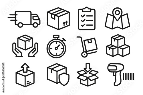 Logistics and delivery service outline icon set. Shipping, transport, e-commerce, order fulfillment vector icons. Warehouse, freight, tracking, packaging, inventory symbols.