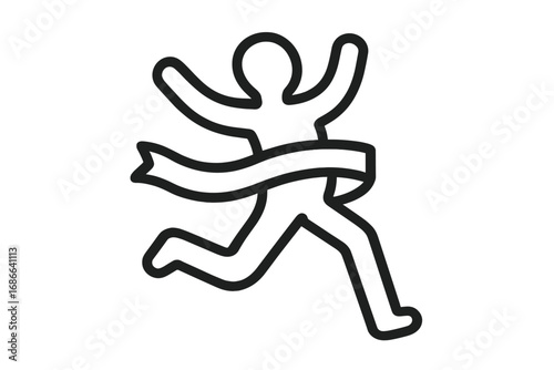 Runner crossing finish line icon with ribbon, isolated vector symbol of competition, running athlete sprinting, marathon sports concept, finish ribbon celebration graphic