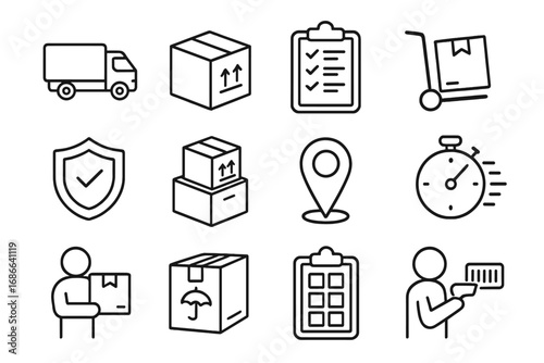 Delivery and logistics line icon set. Shipping, e-commerce and cargo concepts. Vector collection for packaging, inventory, tracking, and supply chain management. Outline icons.