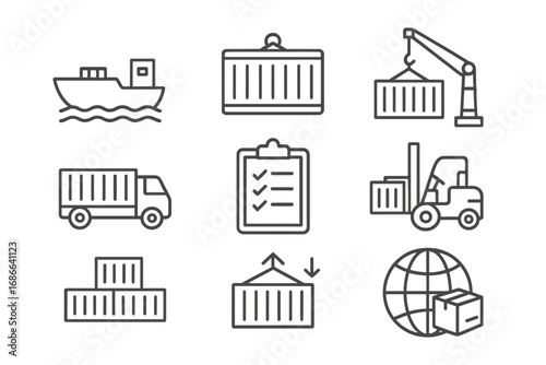 Shipping and logistics vector icon set. Global freight transportation and supply chain management symbols. Maritime cargo, container ship, truck, crane and forklift.