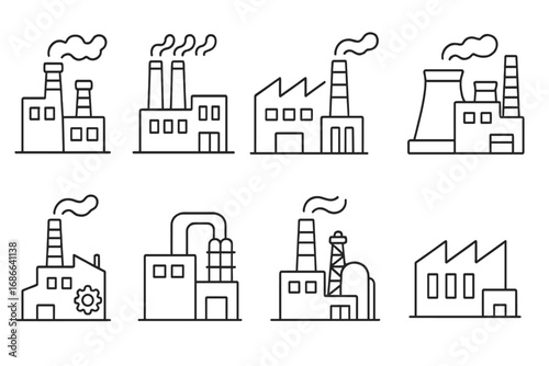 Various Industrial Building Icons Representing Factories, Manufacturing Plants, and Production Facilities in Simple Line Art Style, Vector Cartoon Illustration with Transparent Background