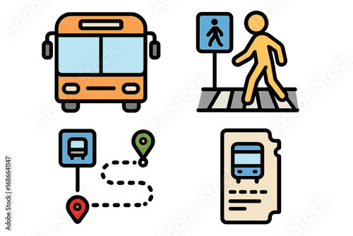 Public transport vector icon set. Bus, pedestrian safety at crosswalk, route map with pin and destination, passenger ticket. Urban mobility and city transit line icons.