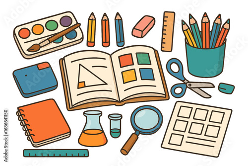 Various School Supplies and Educational Materials Vector Set, Cartoon Illustration with Pencils, Paints, Notebook, Science Tools, Ruler, Scissors, Learning Stationery Collection