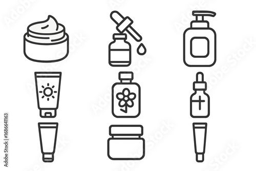 Skincare and beauty line icon set. Vector cosmetic product symbols. Cream, serum, lotion, sunscreen. Minimalist flat design for dermatology, spa and beauty concepts.