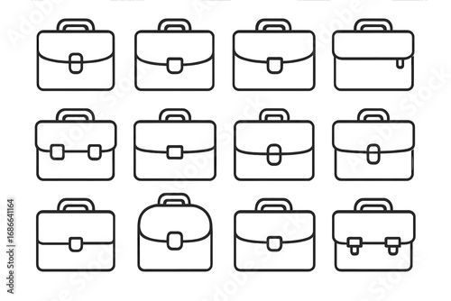 Set of Outline Briefcases arranged in neat rows, professional and business icons, vector cartoon illustration with transparent background, office supplies, finance and work essentials