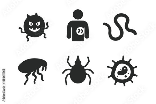 Parasitology icon set with parasite, host, worm, flea, tick, mosquito, infected cell vector cartoon illustration, solid filled parasite disease and infection symbols