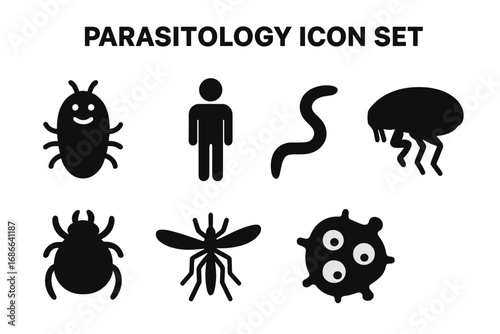 Parasitology Icon Set, Solid Filled Vector Icons of Parasites and Hosts Including Worm, Flea, Tick, Mosquito, Infected Cells, Cartoon Style for Medical and Scientific Use